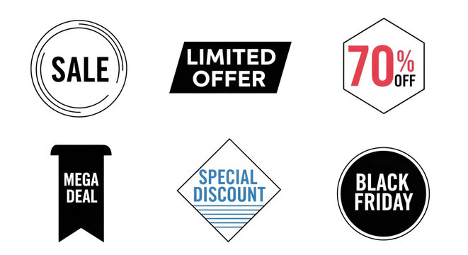Collection of sale and discount badges including sale, limited offer, 70 off, mega deal, special discount, and black friday isolated on transparent background