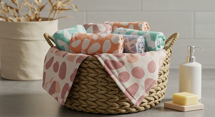 A wicker basket overflows with rolled towels in pastel colors, featuring a patterned cloth draped over its edge, alongside a soap dispenser and bar of soap.