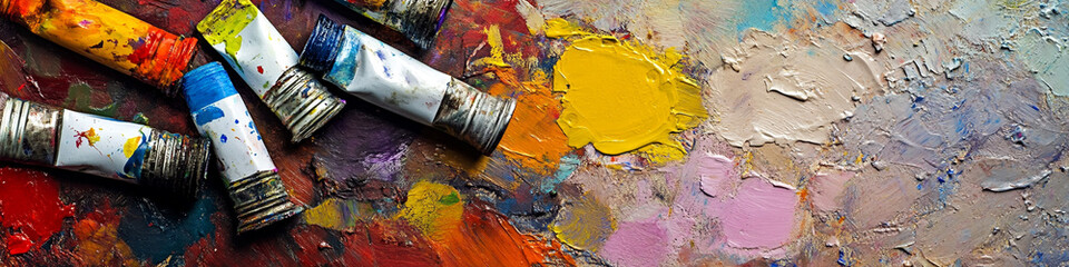 Oil paint tubes scattered on an artista??s palette, rich textured colors.