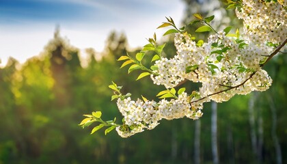 Beautiful White Bird Cherry Tree Blossoms In The Spring Forest Sunny Woodland Scenery Of Native Plants In Latvia Northern Europe