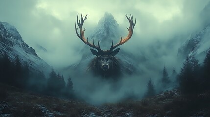 Deer head in misty mountains