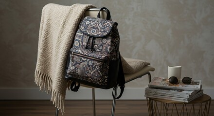 A patterned backpack rests on a chair draped with a blanket, beside a stack of magazines and sunglasses on a small table.