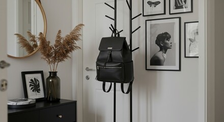 A black backpack hangs from a coat rack beside a door, near a dresser with dried grass and framed art.