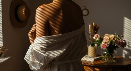 A person's back is illuminated by sunlight filtering through blinds, casting striped shadows. A light robe is draped over their shoulders. A bouquet of flowers sits on a table.