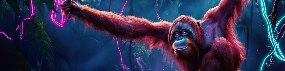 Orangutan swinging on neon vines in a cyberpunk rainforest, futuristic glow.