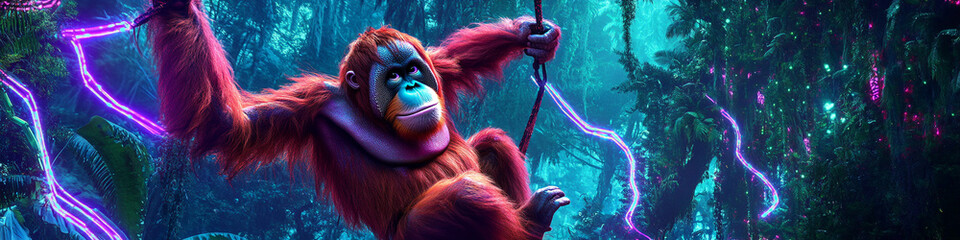 Orangutan swinging on neon vines in a cyberpunk rainforest, futuristic glow.