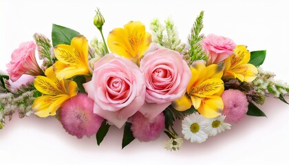 Pink Roses And Eustoma Flowers With Yellow Limonium In A Line Floral Arrangement Isolated On White Or Transparent Background