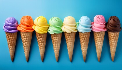 Neatly Aligned Ice Cream Cones In Vivid Rainbow Colors On A Blue Background Creating A Vibrant And Cheerful Summer Treat Scene