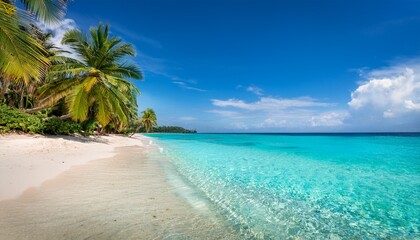 A Stunning Tropical Beach With Crystal Clear Turquoise Water Palm Trees Swaying In The Breeze And A Beautiful Blue Sky Generative Ai