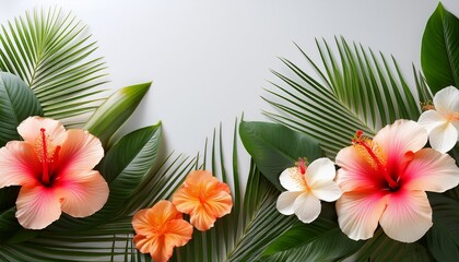 Illustrative Composition Of Hibiscus Flowers And Palm Leaves For Creative Designs