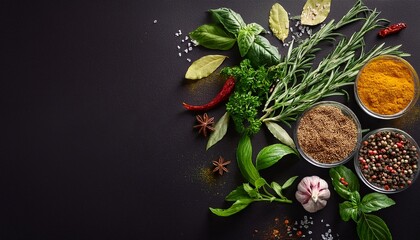 Herbs And Spices On Dark Background