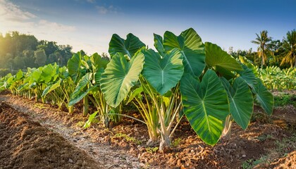 Colocasia Esculenta Or Taro Plant Growing In Tropical Farm N Edible Green Leaves And Root Crop For Culinary And Agriculture Use