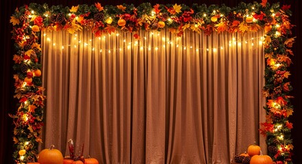 A festive autumn display featuring a garland of leaves, pinecones, berries, and small pumpkins, accented with fairy lights, in front of pleated drapes.