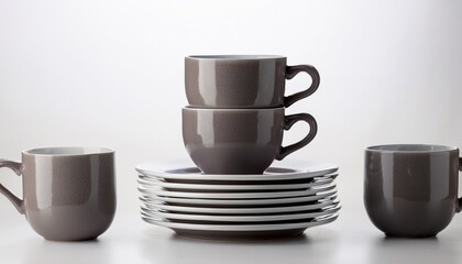 Stacked Plates And Cups On White Background