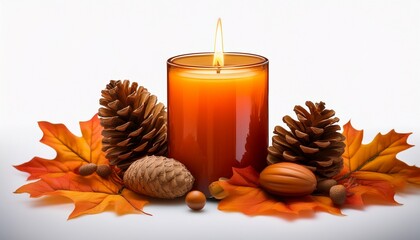 Warm Orange Candle Lit With Autumn Leaves Acorns And Pine Cones For Cozy Season Ambiance Transparent Background