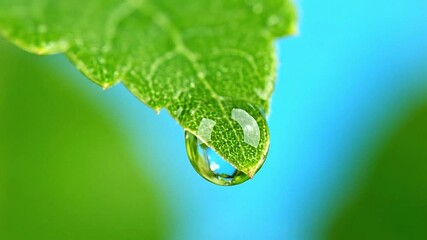 Close-up macro of water droplet hanging from leaf tip reflecting sky - Powered by Adobe