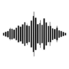 Black audio waves form a sound visualization effect against the white backdrop