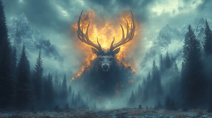 Fiery deer in mystical forest
