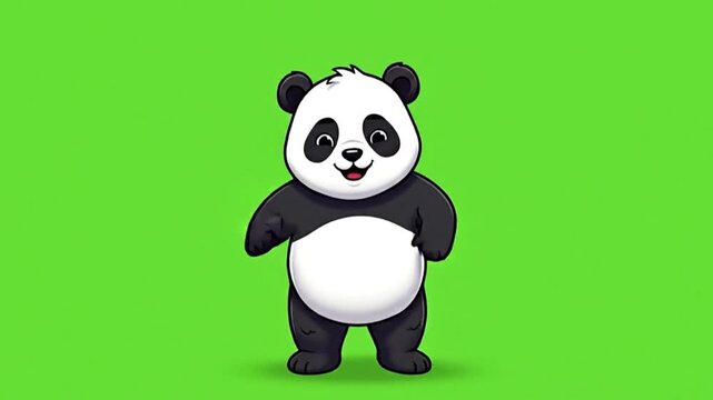 Cartoon panda bear doing shuffle dance with cute funny moves. Green screen seamless loop animation.