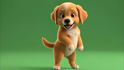 Adorable golden retriever puppy standing and shuffle dancing in looping funny animation. Green screen background.