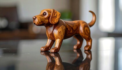 A lifelike wooden dog statue crafted with detailed wood grain, sitting on a reflective surface with a blurred background. The polished piece is well-lit