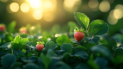 Strawberries growing on plant
