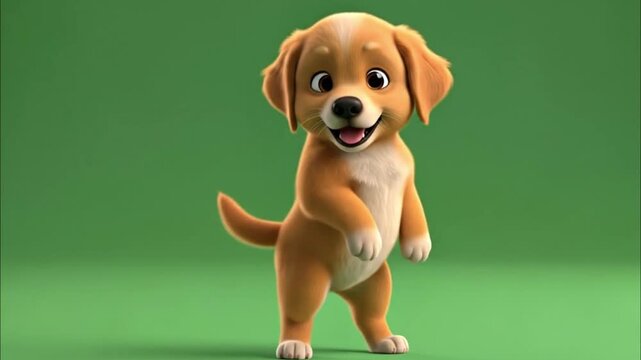 Adorable golden retriever puppy standing and shuffle dancing in looping funny animation. Green screen background.