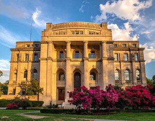 Obraz premium Classic building facade at golden hour, with vibrant pink flowers