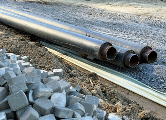 Installation of the distribution unit of heating and water supply network. Frame for connecting...