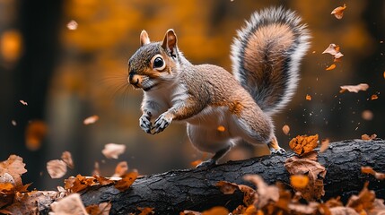 Squirrel leaping autumn leaves log
