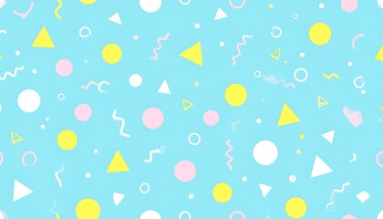 A light-blue backdrop speckled with assorted pastel geometric shapes of various sizes, including circles, triangles, and squiggles