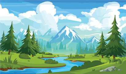 Illustration of mountain landscape with trees river and cloudy sky view