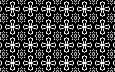 Fototapeta premium Black and White Geometric Pattern with Six-Petal Flowers and Twelve-Point Stars for Wallpaper and Textile Design