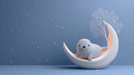 Cute seal resting on a crescent moon sculpture with snowy background and bare tree branches in soft pastel winter scene