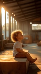 Curious child sitting in sunlit workshop during golden hour