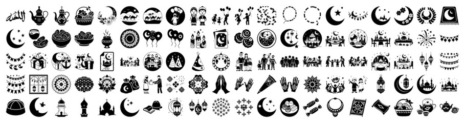 Obraz premium Vector art of collection of islamic and ramadan icons, including crescent moons, lanterns, mosques, prayer beads, and people celebrating