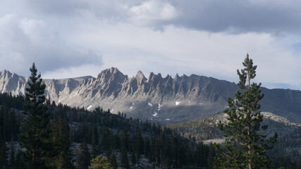A scenic view of jagged mountains and a forest under a cloudy sky in the wilderness area landscape