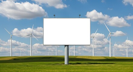 Blank billboard located in a green field, surrounded by multiple wind turbines under a clear blue sky
