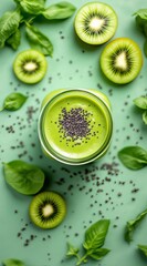 Fototapeta premium A refreshing green smoothie with kiwi and basil, presented in a glass jar, creating a vibrant and healthy drink concept for wellness