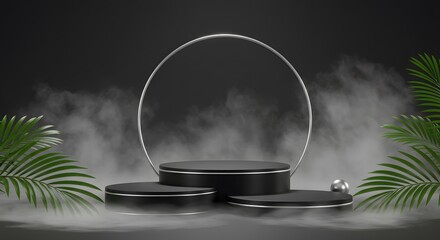 3D rendering of a product display podium stage set against a dark, smoky background with palm leaves