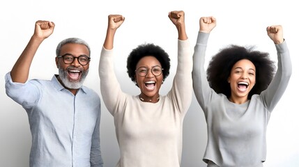 Three friends with vibrant smiles raise their arms in celebration