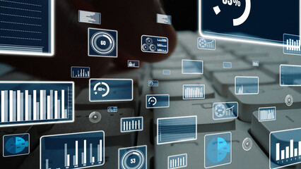 Dynamic scene showcasing data visualization elements overlaying a laptop keyboard, representing modern analytics and information technology in a professional setting. Xenic