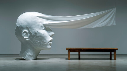 Surreal sculpture of a white human head with elongated fabric extending from the eyes towards a wooden table in a minimalist contemporary art gallery