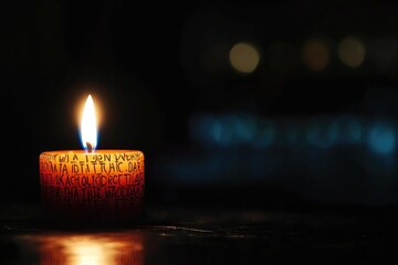 Lit candle illuminating dark room with warm glow and engraved design