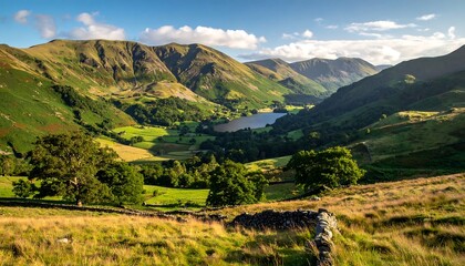 Obraz premium Panoramic mountain valley with lake and meadows