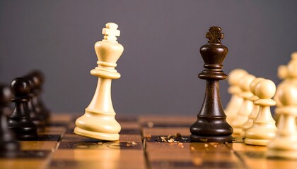Chess pieces on a board, white king facing black king