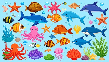 A colorful cartoon illustration of various marine animals and aquatic plants in a cheerful aquatic setting