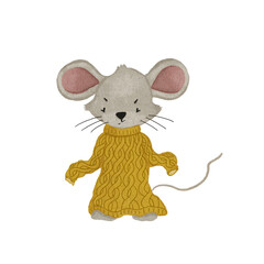 Cozy hand drawn mouse in yellow sweater for Christmas and winter projects
