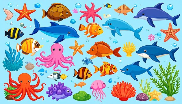 A colorful cartoon illustration of various marine animals and aquatic plants in a cheerful aquatic setting