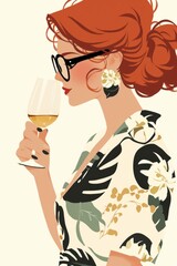Stylish woman with red hair and glasses, holding a glass of beverage, surrounded by vibrant flowers and greenery, showcasing a chic and elegant lifestyle in a colorful illustration